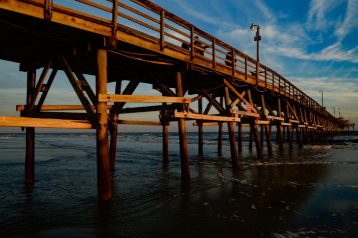 picture of a pier in North Myrtle Beach showing fishermen on it fishing with the blue sky above and water below.